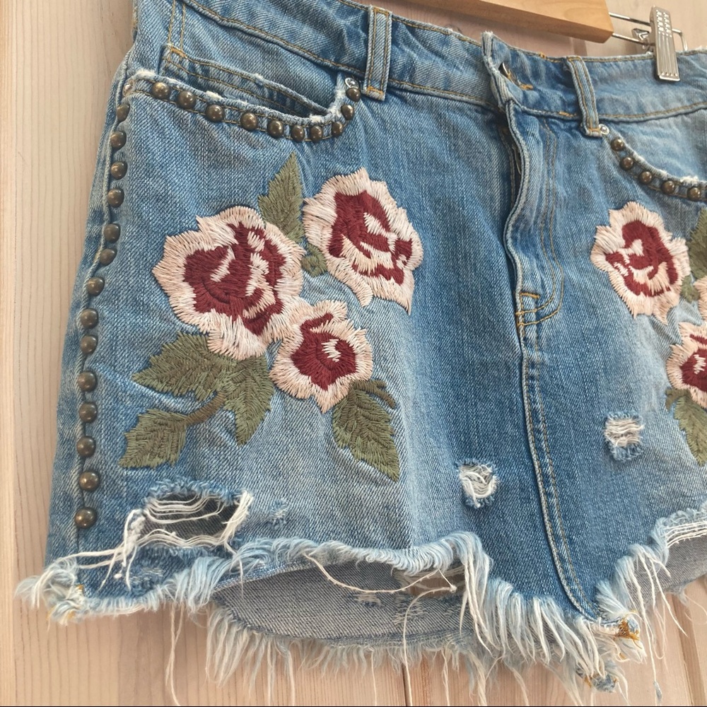 Free People Wild Rose Distressed Floral Embroidered Studded Denim Mini Skirt - Picture 4 of 12